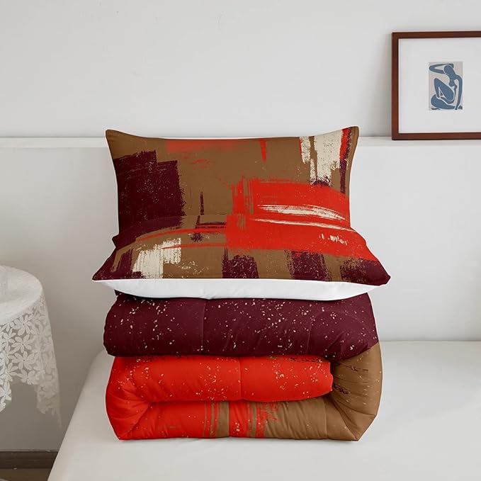 Abstract Bedding Set Comforter Set for Kids Boys Girls Teens Room Decor Modern Abstract Art Comforter Brown Orange Duvet Set 2Pcs Toddler Size