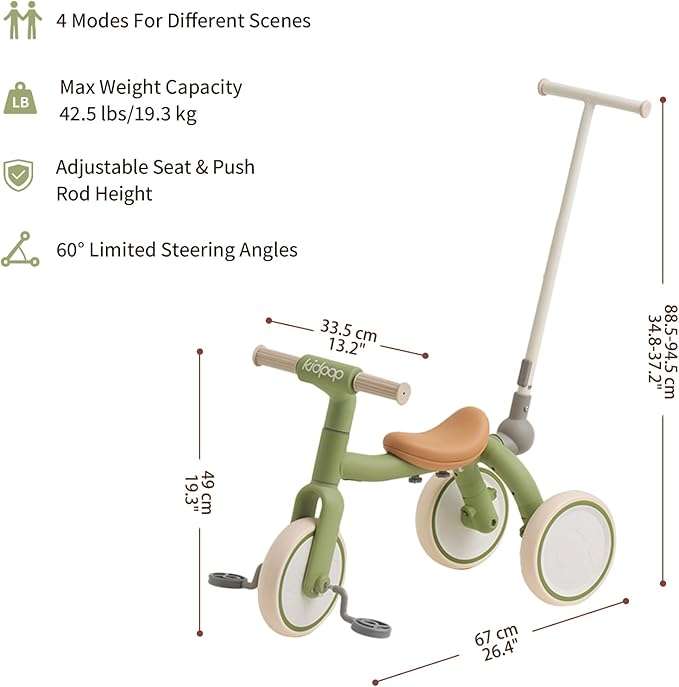 4-in-1 Toddler Tricycle with Adjustable Push Handle for 1-4 Year Old,Birthday Gift and Toy for Boys and Girls Removable Pedals Balance Bike&Scooter (Green)