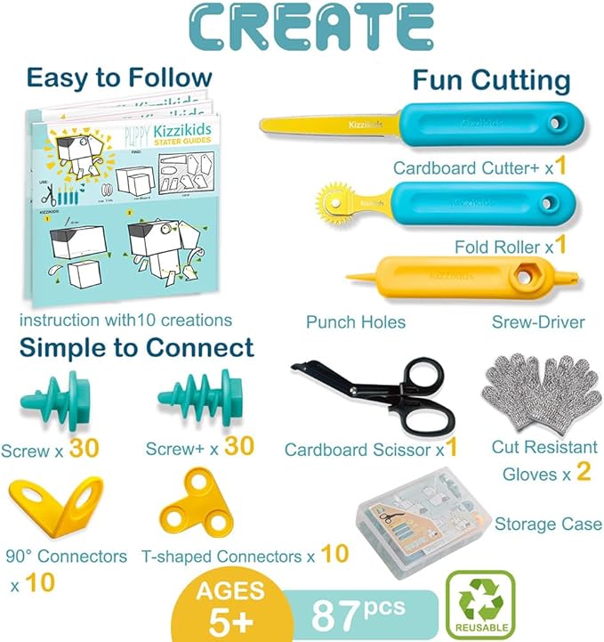Cardboard Tools for Kids with Cutter &Tool Box, 87 PCS Cardboard Construction Kit for Family & Team Activities, Creative STEM Educational Toys Gift for Boys and Girls Aged 5+