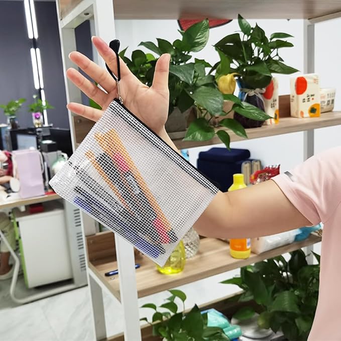 AUSTARK 20 Pcs Zipper File Bags, Plastic Mesh Pouch, Board Game Storage, Waterproof Bags for Office School (B6 Size 7.6''x5.3'', White and Black)