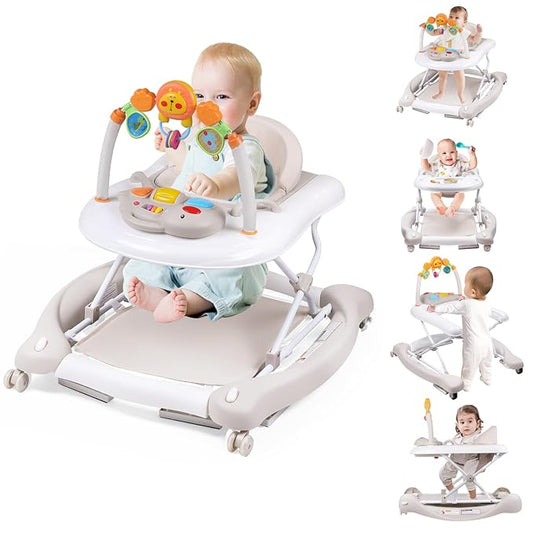 Baby Walker, 5-in-1 Baby Walkers for Boys and Girls 6-12 Months with Bouncer, Removable Footrest, Feeding Tray & Music, Foldable & Adjustable Activity Walker for 6-18 Months Toddler Infant