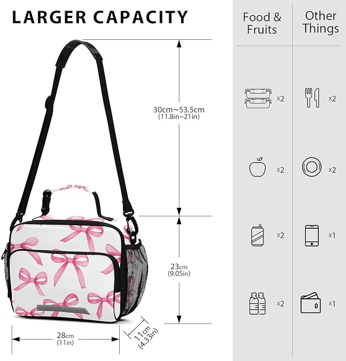 ALAZA Pink Bows Girls Lunch Box Kids Lunchbox Insulated Reusable Meal Container Lunchbag with Shoulder Strap