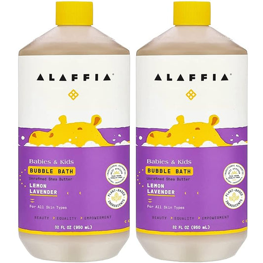 Alaffia Babies and Kids Bubble Bath, Gentle Baby Essentials for Delicate Skin, Cleansing & Calming Bubbles, Plant Based Formula, Vegan, Lemon Lavender (2 Pack - 32 Fl Oz Ea)