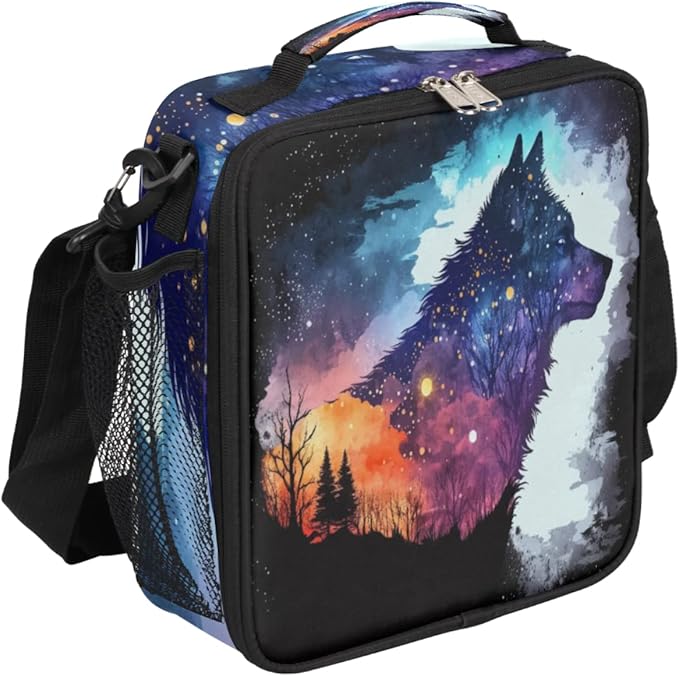 Watercolor Wolf Starry Sky Lunch Bag Insulated Lunch Box For Boys Girls Reusable Portable Leakproof Lunch Bags Thermal Cooler Bag with Shoulder Strap for Women Men Picnic Travel Work