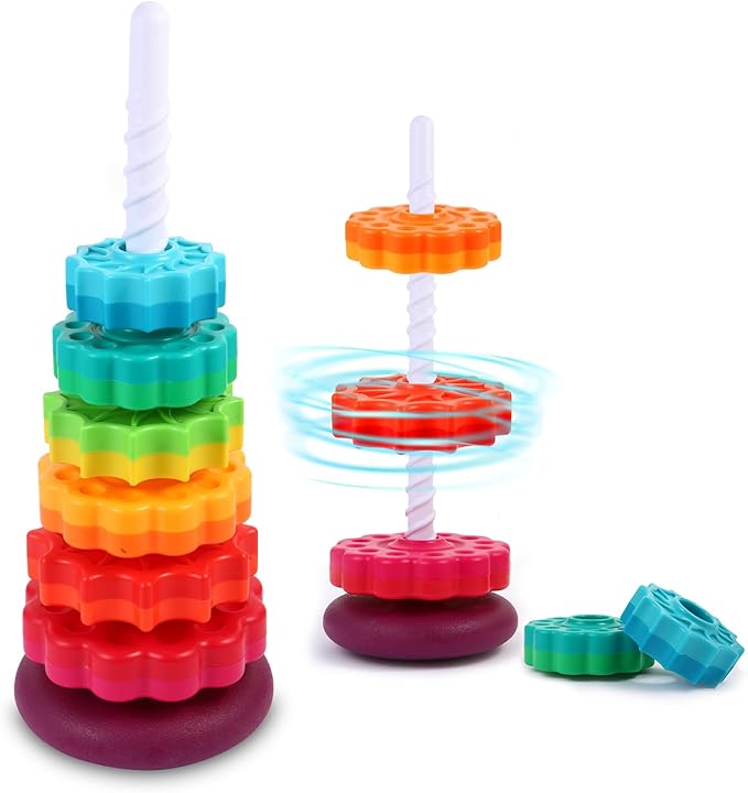 Spinning Stacking Toys - Rainbow Tower, Kids Stackable Spinning Toy, Educational Toy for Toddlers 1-3, Strong ABS Plastic, Color & Shape Recognition, Builds Sensory & Motor Skills