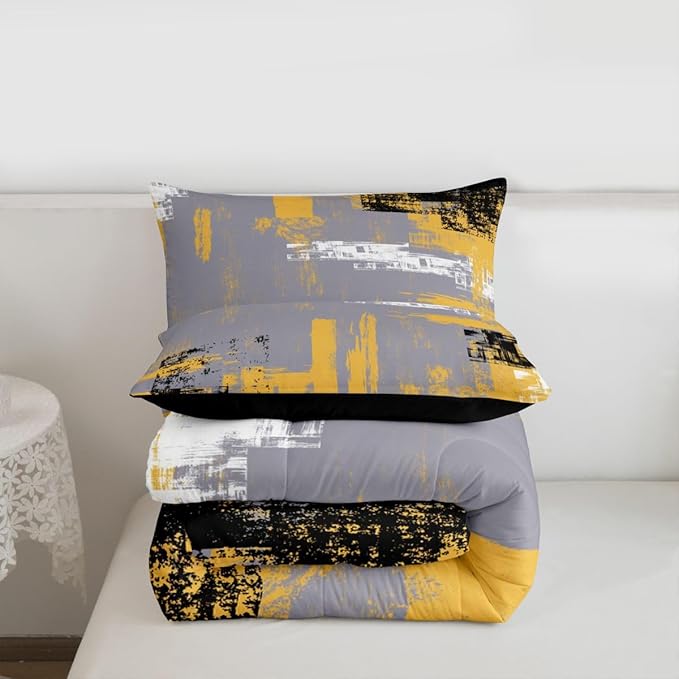 Feelyou Abstract Bedding Set Kids Modern Abstract Art Comforter Set Yellow Grey Black Comforter for Boys Room Decor Lightweight Retro Duvet Set Full Size with 2 Pillow Case