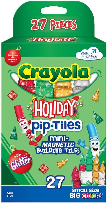 CreateOn Crayola Holiday Glitter Mini PIP Magnetic Tiles, Magnetic Kids’ Building Toys, STEM Learning Travel Toys for Boys and Girls, 27-Piece Set