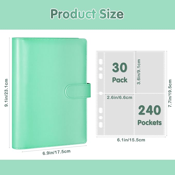WITHYU A5 Card Collector with 30 Pack 4-Pocket Pages, 6 Ring Binder Album with 240 Card Slots, PU Leather Binder Cover with Magnetic Buckle Closure (Green)