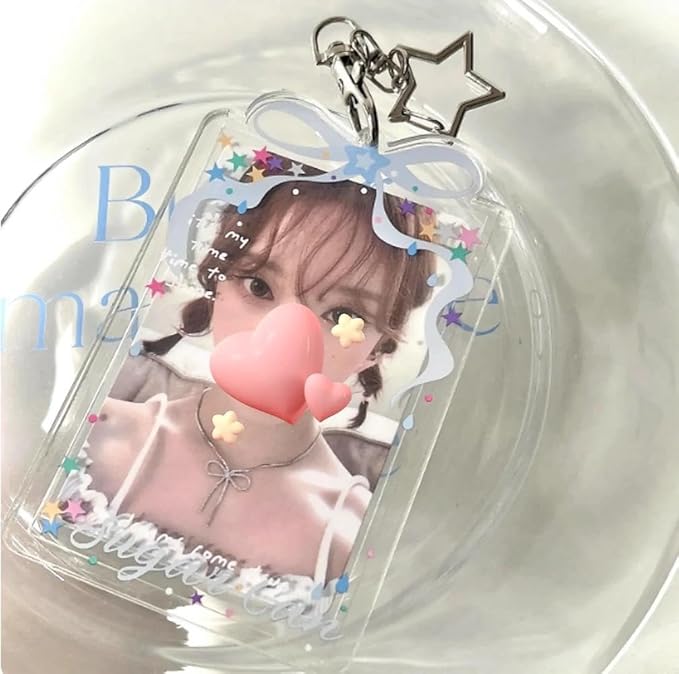 Blue Bow Acrylic Kpop Photocard Holder with Metal Keychain, Fits Standard 3-Inch Kpop Cards, Portable ID Badge Holder for Collectible Cards, Personal or Fan Gift Accessory