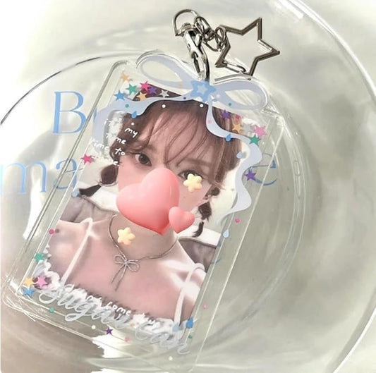 Blue Bow Acrylic Kpop Photocard Holder with Metal Keychain, Fits Standard 3-Inch Kpop Cards, Portable ID Badge Holder for Collectible Cards, Personal or Fan Gift Accessory