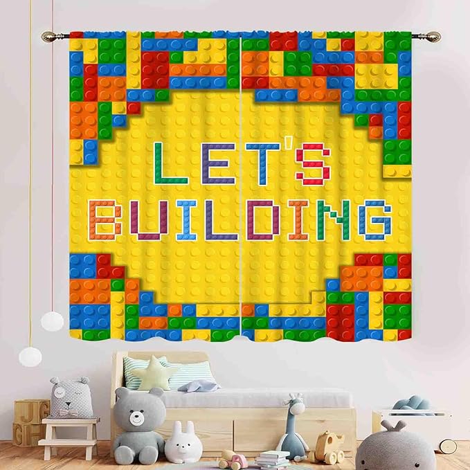 Building Blocks Curtains for Boys Room, Abstract Colorful Plastic Building Brick Blocks Geometric Printed Pattern Yellow Window Drapes for Kids Baby Bedroom Living Room, 42"x54" Inch