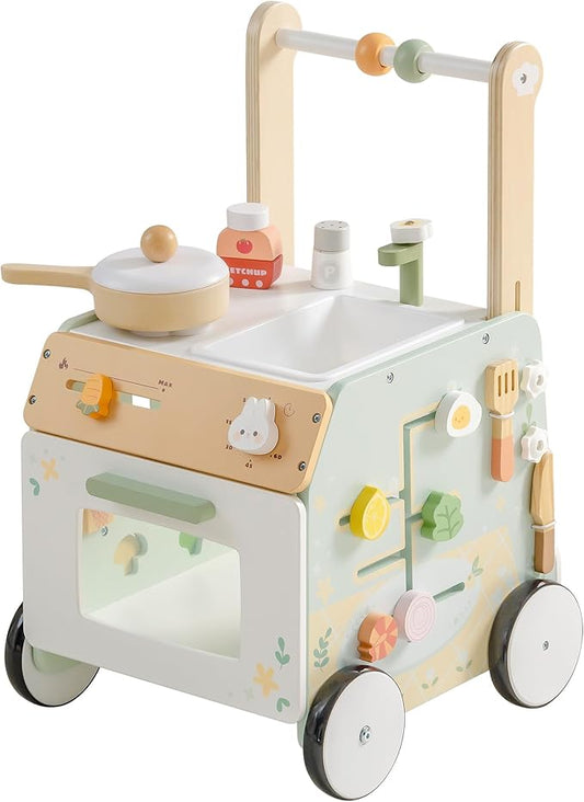 ROBOTIME Baby Walker Push Toy, Adjustable Height & Speed, Prevents Bow Legs, Spring Garden Activity Center with Clock, Shape Sorter, Play Kitchen, and Sink, Ideal Toddler Walking Toy for 10+ Months