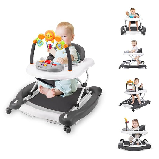 Baby Walker, 5-in-1 Baby Walkers for Boys and Girls 6-12 Months with Bouncer, Removable Footrest, Feeding Tray & Music, Foldable & Adjustable Activity Walker for 6-18 Months Toddler Infant