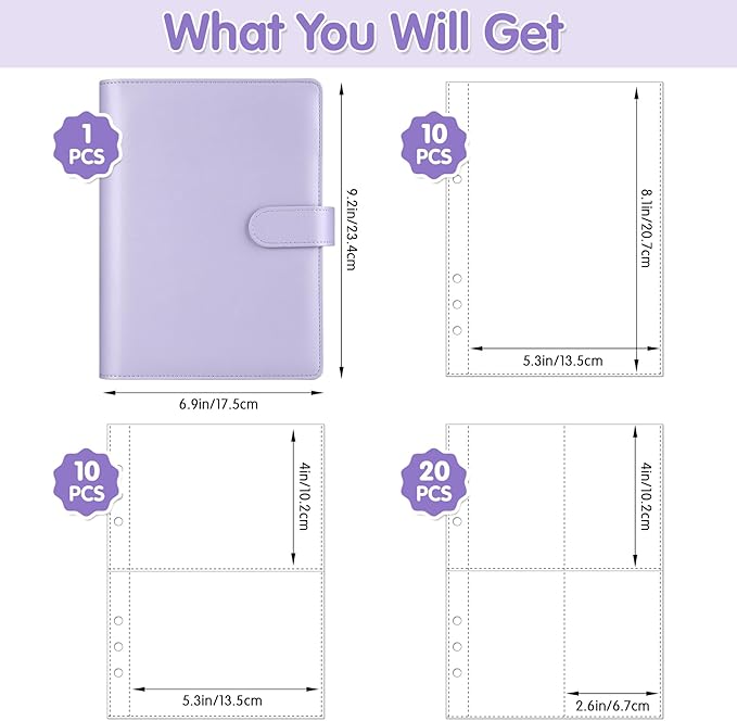 Antner A5 Kpop Photocard Binder 6-Ring Card Collector Album with 40 Pack Card Sleeves, PU Leather Photocard Holder Book with Multi-Size Photo Protectors for Organizing Trading Cards, Purple A5 Binder