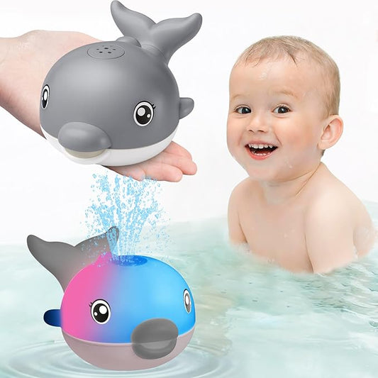 Bath Toys, Light Up Dolphin Baby Bath Toys for Babies 6-12 12-18 Months, Rechargeable Sprinkler Musical Toys, Easter Basket Stuffers Bathtub Toys for Toddlers 1-3 2-4 Boys Girls Infant Kids- Grey