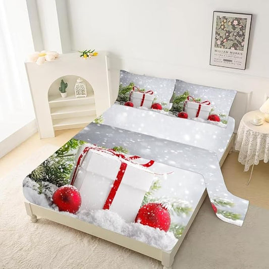 kxry Christmas Fitted Sheet Set Snow Scene Evergreen Bough Bedding Set Queen Size for Girls Boys Kids Gift Box Red Balls 1 Fitted Sheet + 1 Flat Sheet + 2 Pillow Cases