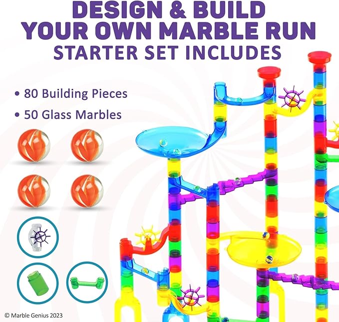 Marble Genius Marble Run Starter Set, STEM Toys & Maze Construction Building - 130 Translucent Track Pieces & Glass Marbles for Family, Kids Toddlers Ages 4-8 - Fun Holiday Gifts