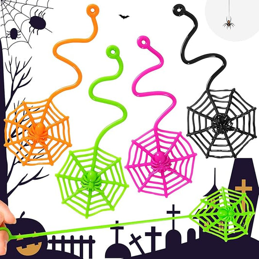 24 PCS Sticky Spider Web for Kids, 7.6 Inches Cobweb Sticky Hand Toys, Halloween Spider Party Favors for Goodie Bag Stuffers, Birthday, Classroom Prizes Supplies (4 Colors)