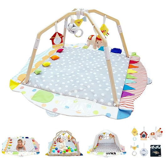 Kizfarm Baby Play Gym Mat, 5 Developmental Zones Wooden Tummy Time Mat, Baby Activity Mat for Floor with 5 Detachable Sensory Toys, Stage-Based Development from Infant to Toddler, Baby Essentials Gift