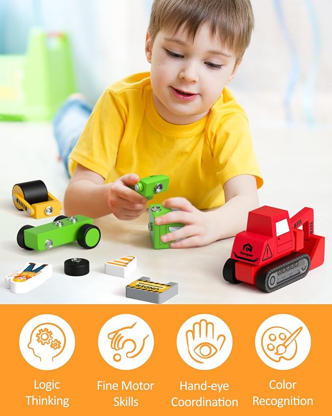 Coogam Snap Together Vehicle Toys for Toddlers, Wooden Montessori Take Apart Construction Engineering Car - Assembly Building Game, STEM Fine Motor Educational Toy Gift for Kids Ages 3-8