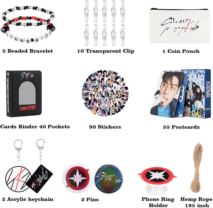 Stray Gifts Set, Including Postcards, Photo cards Binder, Stickers, Keychain, Pins, Beaded Bracelet, Coin Pouch, Phone Ring Holder,Hemp Rope and Transparent Clip for Skz's Stay Fans Gifts Merch