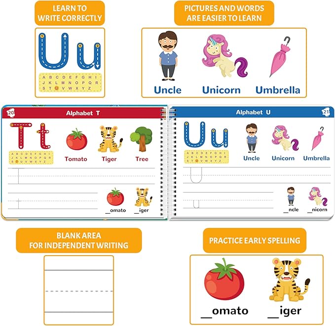 Handwriting Practice Book for Kids, Toddler Preschool Learning Activity for 3 4 5 Year Old, Kindergarten Educational Toys, Montessori Toys Learn Number Letters/ Shapes/ Animal/ Sight Words Workbook