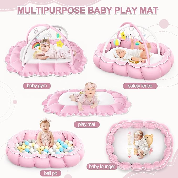 OCATO Baby Play Mat Gym: Baby Girl Gifts Tummy Time Mat Baby Play Gym Thick Large Baby Activity Center from Newborn to Toddler Skills Development Baby Essentials Baby Shower Gifts Ball Pit Cat Dog Bed