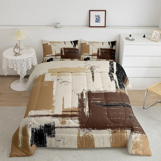 Abstract Bedding Set Comforter Set for Kids Boys Girls Teens Room Decor Modern Abstract Art Comforter Grey Brown Black Duvet Set 2Pcs Toddler Size