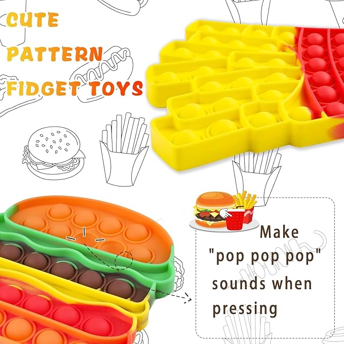 3 Pcs Fidget Sensory Toys, Push Bubble Poppers Hamburger French Fries Drinks Bulk Sets,Silicone Stress Relief Toy for Toddler Kids Boys Girls Adults,Birthday Gifts Party Favors,Classroom Prizes