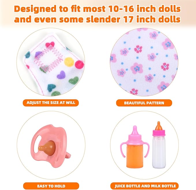 Baby Doll Accessories Set – 7 Pcs Feeding and Caring Set with Magic Disappearing Bottles, Pacifier, Diapers and Bibs Doll Pretend Play Gift for Kids