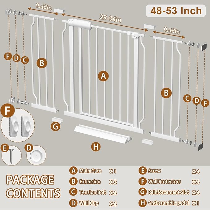 Fairy Baby Extra Wide Baby Gates 48-53 Inch, Auto Close Child Safety Gates for Stairs Banister Doorways Hallway,Indoor Safety Child Gates for Kids or Pets