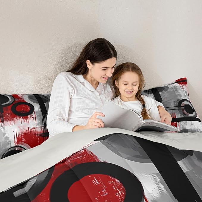 Feelyou Kids Abstract Comforter Set Twin Size Modern Art Bedding Set for Boys Girls Teens Bedroom Decor Geometric Comforter Women Men Geometric Red Black Duvet Set with 1 Pillow Case