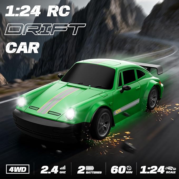 RC Drift Car, 1:24 Scale Remote Control Car with LED Lights, 20KM/H 4WD High Speed RC Cars, Racing and Drifting Dual-Mode Toy Car Idea Gift for Adults and Kids, Green