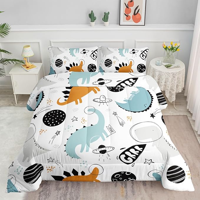 Kids Comforter Set Cartoon Dinosaur Planet Printed Pattern Bedding Set with 1 Comforter and 2 Pillowcases for Girls Boys Bedroom All Season(Cartoon Dinosaur Planet Twin)