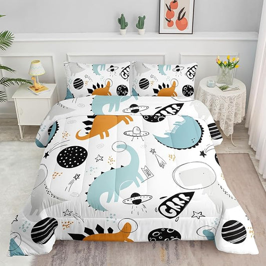 Kids Comforter Set Cartoon Dinosaur Planet Printed Pattern Bedding Set with 1 Comforter and 2 Pillowcases for Girls Boys Bedroom All Season(Cartoon Dinosaur Planet Twin)
