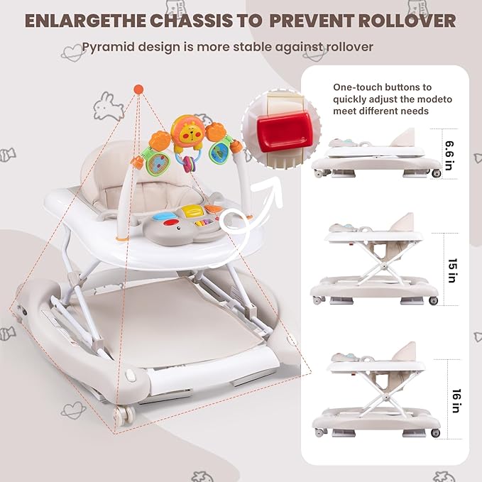 Baby Walker, 5-in-1 Baby Walkers for Boys and Girls 6-12 Months with Bouncer, Removable Footrest, Feeding Tray & Music, Foldable & Adjustable Activity Walker for 6-18 Months Toddler Infant