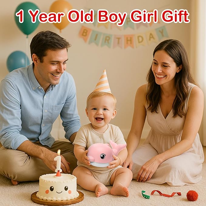 Bath Toys, Light Up Dolphin Baby Bath Toys for Babies 6-12 12-18 Months, Rechargeable Sprinkler Musical Toys, Easter Basket Stuffers Bathtub Toys for Toddlers 1-3 2-4 Boys Girls Infant Kids- Pink