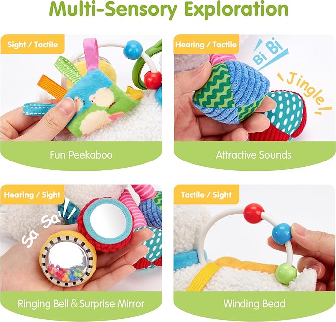 hahaland Baby Toys 0-6 Months - Baby Sensory Toys 0-3-6 Months Car Seat Toy Hanging - Musical Animals with Pull String Rattle Teether Crinkle Mirror, Crib Stroller Toy Tummy Time Christmas Baby Gifts