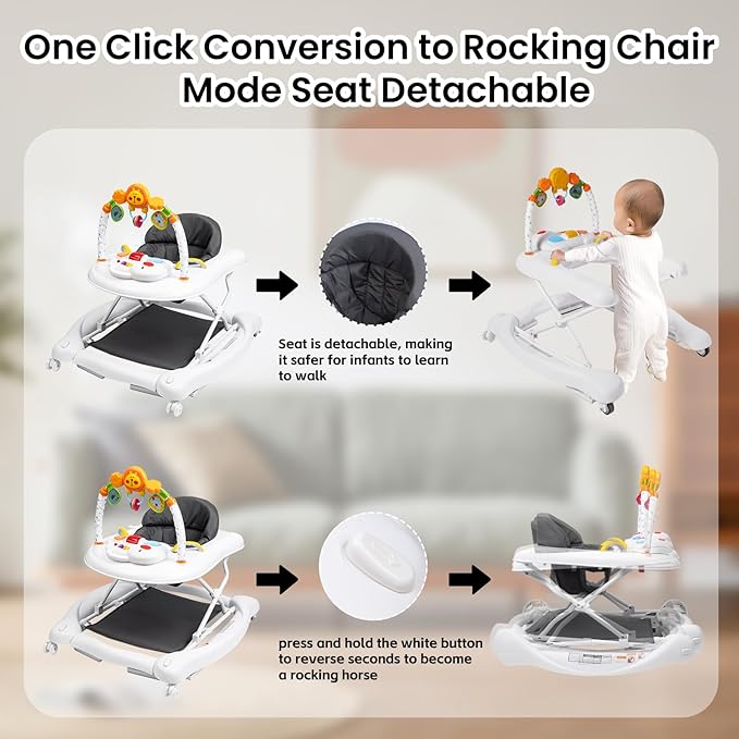 5-in-1 Baby Walker, Baby Walkers for Boys Girls 6-18 Months, Foldable Activity Walker, Toddler Infant Walker with Bouncer, Adjustable Height, Removable Footrest, Feeding Tray, Music