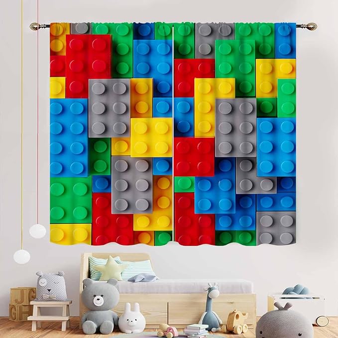 Building Blocks Blackout Curtains, Kids Boys Abstract Colorful Geometric Brick Constructor Curtains Bedroom Playroom Living Room Abstract Window Treatments Drapery 2 Panel, 63"x63" Inch