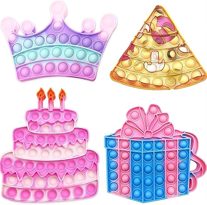QETRABONE 4 Pcs Birthday Cake Crown Fidget Toys for Girl, Pop Fidget Toys Gift Bubbles Toy, Pizza Silicone Fidget Sensory Squeeze Bubbles Toy, Stress Relief Anti-Anxiety Autism