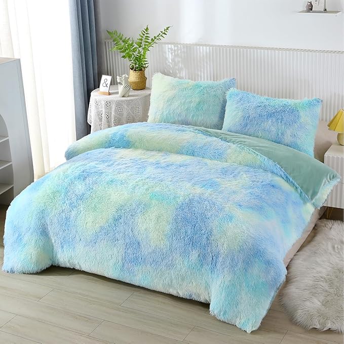 PERFEMET Long Faux Fur Shaggy Comforter Twin 3 Pcs Plush Fluffy Green Tie Dye Bedding Set for Girls Teens Soft Warm Fuzzy Furry Rainbow Bedding Comforter Set(Green, Twin)