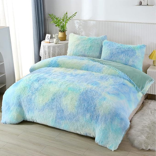 PERFEMET Long Faux Fur Shaggy Comforter Twin 3 Pcs Plush Fluffy Green Tie Dye Bedding Set for Girls Teens Soft Warm Fuzzy Furry Rainbow Bedding Comforter Set(Green, Twin)