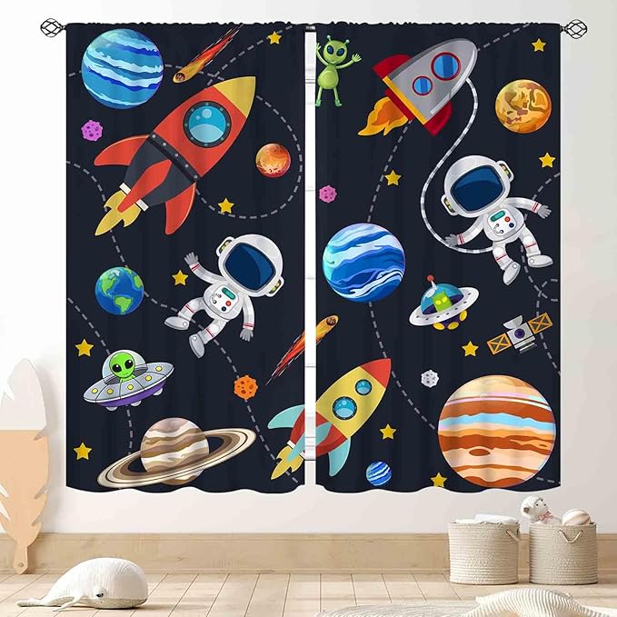 Kids Space Curtains for Boys Room, Cartoon Universe Galaxy Space Planet Astronaut Anime Boys Kids Girls Window Drapery Treatments for Bedroom Living Room Nursery 2 Panels, 42"x54" Inch