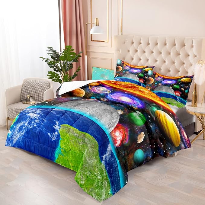 Space Bedding Solar System Twin Comforter Set for Boy Galaxy Outer Space Room Decor for Boys Bedroom Bedding Set Twin Size Galaxy Earth Planets Quilt Set with 1 Comforter 1 Pillowcase