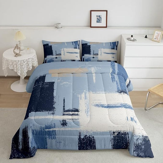 Feelyou Abstract Bedding Set Comforter Set for Kids Boys Girls Teens Room Decor Modern Abstract Art Comforter Light Blue Black Grey Duvet Set 2Pcs Twin Size
