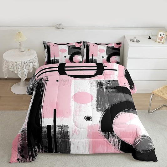 Feelyou Kids Abstract Art Comforter Set Toddler Size Geometric Bedding Set for Boys Girls Teens Bedroom Decor Geometric Pink Grey Black Comforter Women Men Modern Duvet Set with 1 Pillow Case