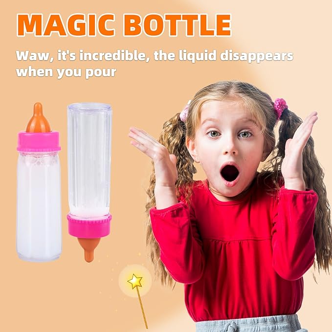 Baby Doll Accessories Set – 7 Pcs Feeding and Caring Set with Magic Disappearing Bottles, Pacifier, Diapers and Bibs Doll Pretend Play Gift for Kids