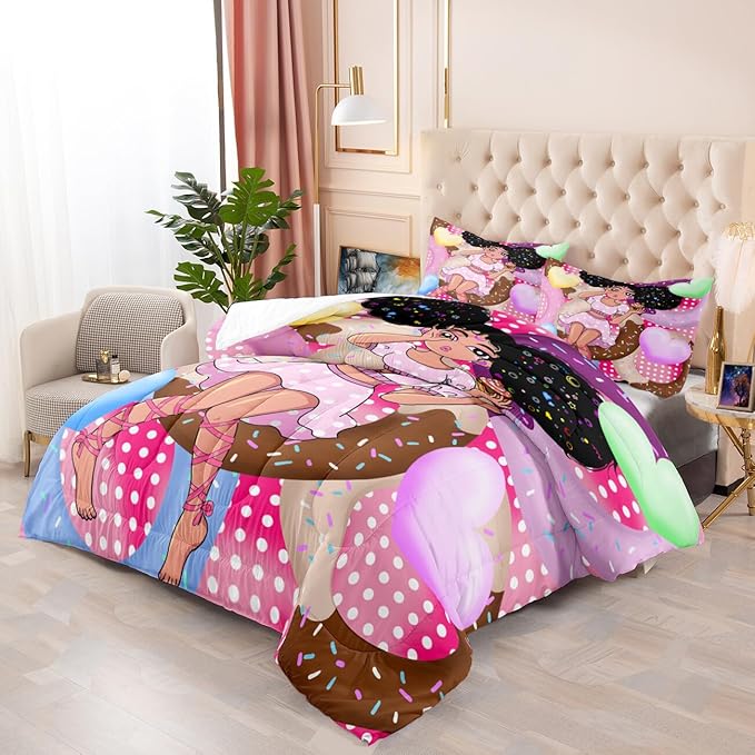 African Black Girl Comforter Set Princess Bedding Kids Comforter Sets Gifts Girls Bedroom Decor Pink Full Size Quilt Sets with 2 Pillowcases