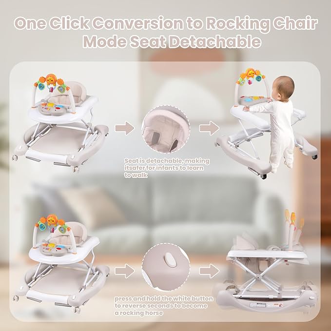 Baby Walker, 5-in-1 Baby Walkers for Boys and Girls 6-12 Months with Bouncer, Removable Footrest, Feeding Tray & Music, Foldable & Adjustable Activity Walker for 6-18 Months Toddler Infant